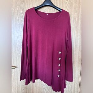 New Burgundy Stretch Side Wooden Button Asymmetrical Long Sleeve Shirt Womens XL